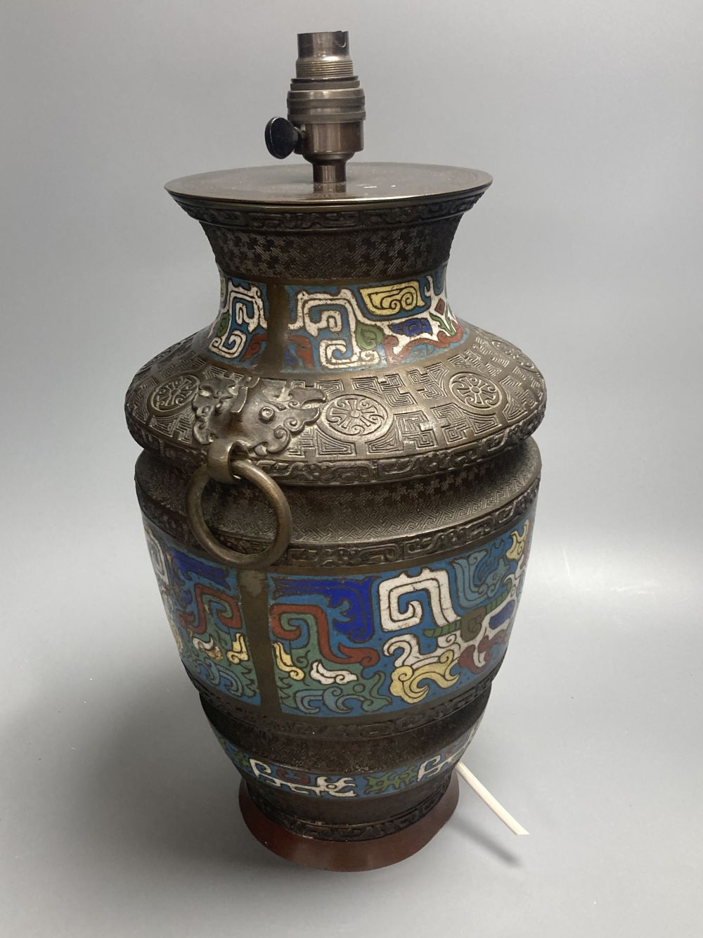 A Japanese bronze and cloisonne-enamelled vase, converted to a lamp, 37cm